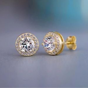 New gold earrings, cubic round zirconia.